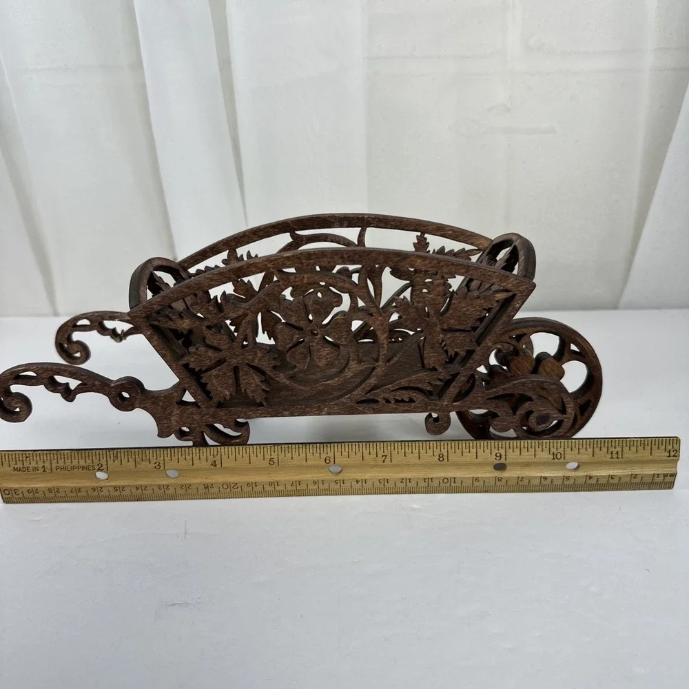 Hand Made Scrollwork Wooden Wheelbarrow Figurine 11
